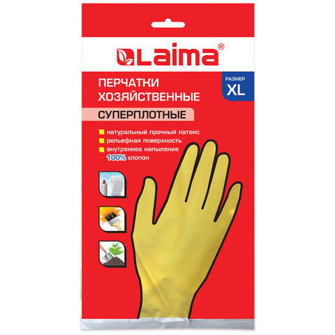 Перчатки МНОГОРАЗОВЫЕ латексные LAIMA "ПРЕМИУМ", х/б напыление, СВЕРХПЛОТНЫЕ, размер 9-10, XL (очень большой), желтые, вес 70 г, 600781
