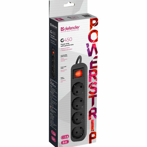 Удлинитель сетевой DEFENDER G450, 4 розетки, c заземлением, выключатель, 10А, длина 5 м, черный, 99339
