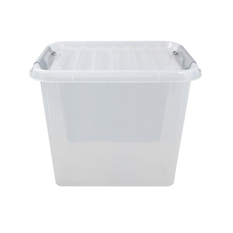 Ящик-контейнер 50 л с КРЫШКОЙ НА ЗАЩЕЛКАХ "ПРОФИ", 40х50х39 см, штабелируемый, ПРОЧНЫЙ, прозрачный, 437960000