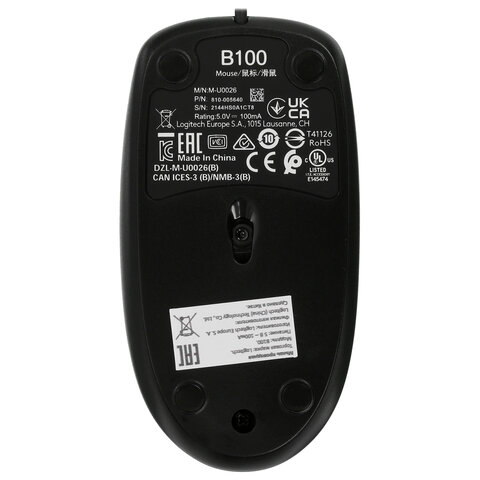 Мышь проводная LOGITECH B100, USB, 2 кнопки + 1 колесо-кнопка, оптическая, черная, 910-003357