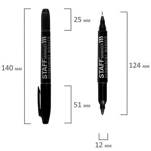 Маркер перманентный двусторонний STAFF "Manager" PM-625, ЧЕРНЫЙ, наконечники 0,8 мм / 2,2 мм, 151625