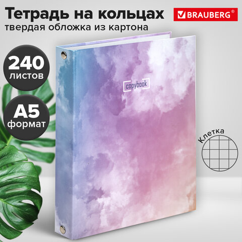Тетрадь на кольцах А5 (175х215 мм), 240 листов, твердый картон, клетка, BRAUBERG, Cloud, 404094