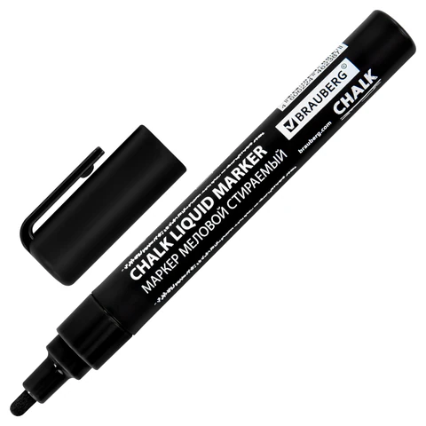 Маркер меловой CHALK LIQUID MARKER, ЧЕРНЫЙ, 3 мм, стираемый, BRAUBERG "CHALK", 152600