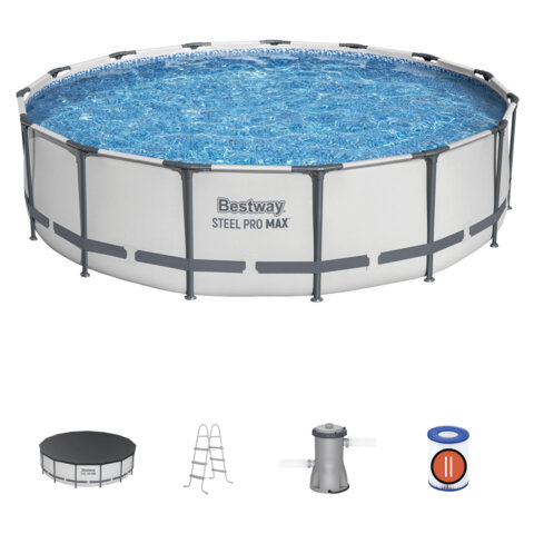 Каркасный бассейн, фильтр-насос 3028 л/ч, лестница, тент "Steel Pro Max" 457х107 см, 14970 л, усиленный каркас, BESTWAY, 56488