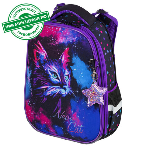 Ранец BRAUBERG PREMIUM, 2 отделения, с брелоком, "Neon cat", 38х29х16 см, 271352