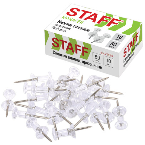 Силовые кнопки-гвоздики прозрачные STAFF 50 штук, в картонной коробке, 227804