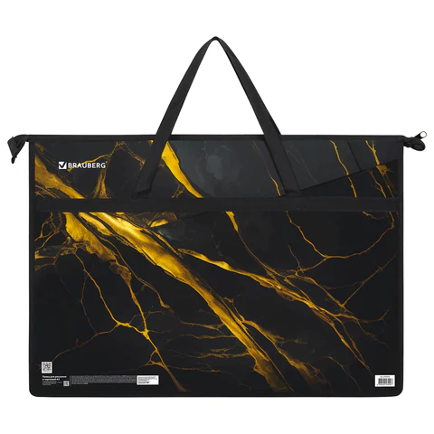 Папка для рисунков и чертежей с ручками BRAUBERG А3, пластик, молния сверху, "Black&gold marble", 272232