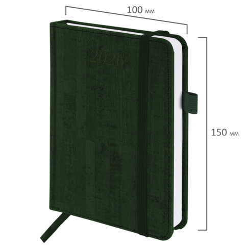 Ежедневник датированный 2026 МАЛЫЙ ФОРМАТ 100х150 мм, А6, BRAUBERG "Wood", под кожу, темно-зеленый, 117266