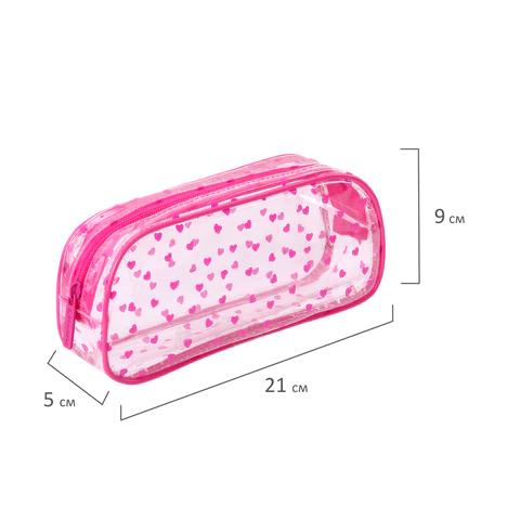 Пенал-косметичка BRAUBERG LUCENT на молнии, прозрачный, "Hearts", 21х5х9 см, 272345