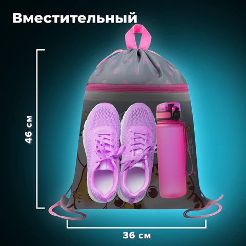 Мешок для обуви BRAUBERG, с петлей, светоотражающая полоса, 2 отделения, 46х36 см, "Hi there", 273449