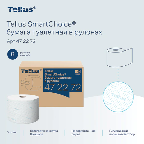 Бумага туалетная 207 м, Tellus/TORK (Система T8) SmartOne, ADVANCED, КОМПЛЕКТ 8 рулонов, 2-слойная, 472272