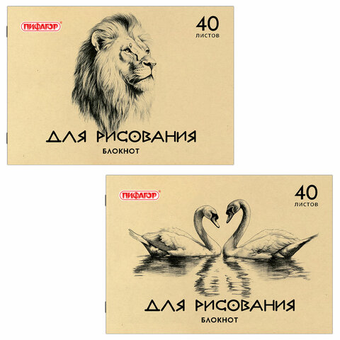 Блокнот для рисования, А4, 40 л., обложка офсет, ПИФАГОР, 200х285 мм, "Лебеди/Лев", 126962