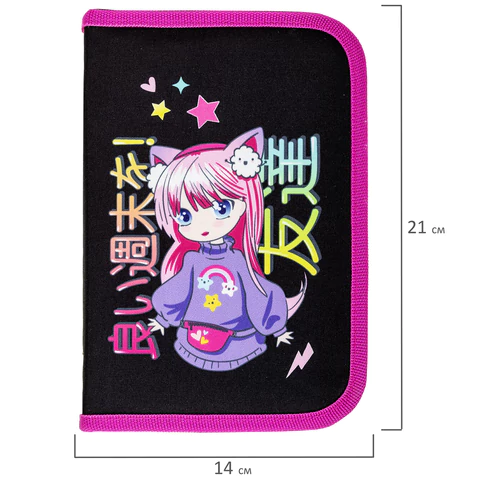 Пенал BRAUBERG, 1 отделение, 1 откидная планка, полиэстер, 21х14 см, "Anime girl", 272323