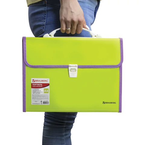 Папка-портфель пластиковая BRAUBERG "JOY", А4 (330х245х35 мм), 13 отделений, с окантовкой, салатовая, 227974