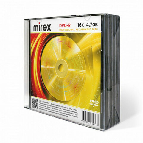 Диски DVD-R MIREX, 4,7 ГБ, 16x, Slim Case, КОМПЛЕКТ 5 шт., UL130003A1F