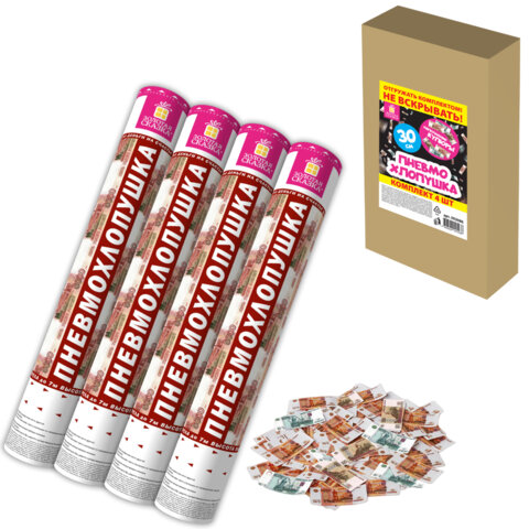 Хлопушка пневматическая 40 см "Рубли" 3+1 шт. В ПОДАРОК, бумажный наполнитель "купюры", ЗОЛОТАЯ СКАЗКА, 592086