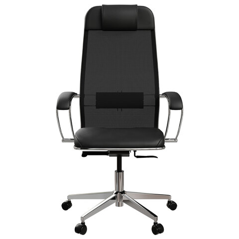 Кресло офисное МЕТТА "ErgoLife" Comfort, хром, сиденье мягкое, ткань-сетка/экокожа, черное