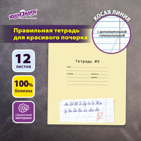 Тетрадь ПРОПИСЬ № 3 12 л. косая линия с ДОПОЛНИТЕЛЬНОЙ ГОРИЗОНТАЛЬНОЙ, со справочным материалом, ЮНЛАНДИЯ, 404853