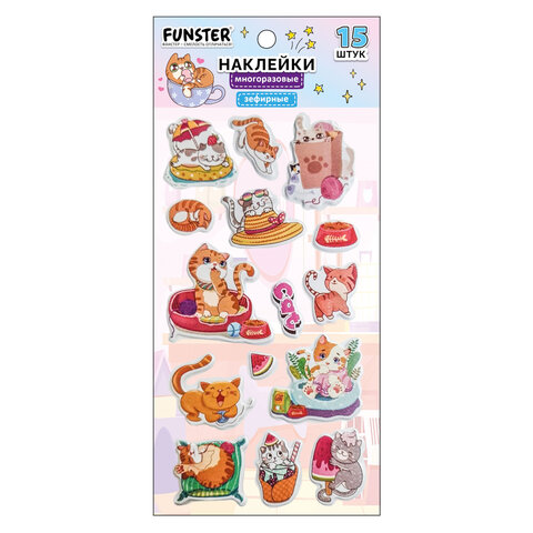 Наклейки зефирные "Котики", 18х9,5 см, ассорти 6 видов, FUNSTER (ФАНСТЕР), 666092