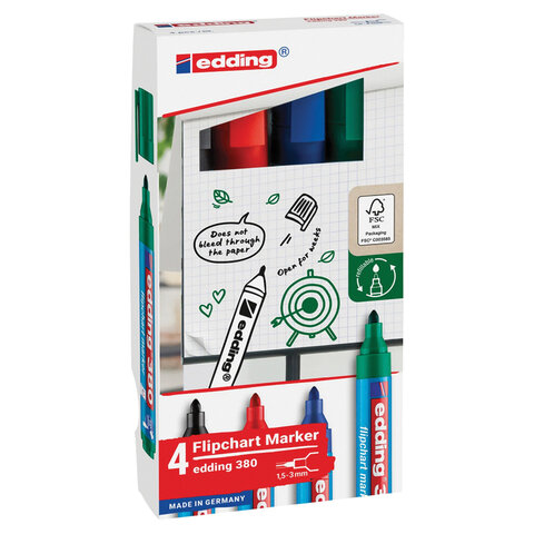 Маркеры для бумажного флипчарта EDDING 380, НАБОР 4 ЦВЕТА, НЕПРОПИТЫВАЮЩИЕ, 1,5-3 мм, E-380/4S