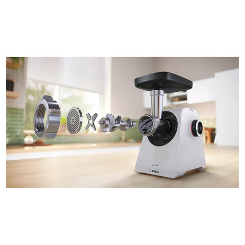 Мясорубка BOSCH MFWS420W, мощность 1900 Вт, производительность 2,5 кг/мин, металлический шнек, реверс