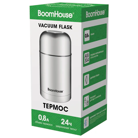 Термос 0,8 л для еды/напитков с широким горлом, BOOMHOUSE (БУМХАУС) WIDE, нержавеющая сталь SUS304, серебристый, 700319