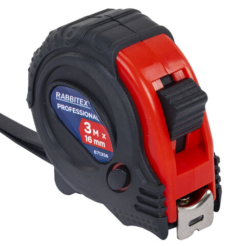 Рулетка измерительная 3 м х 16 мм, обрезиненный корпус, 3 фиксатора, RABBITEX (РАББИТЕКС) Professional, 671356
