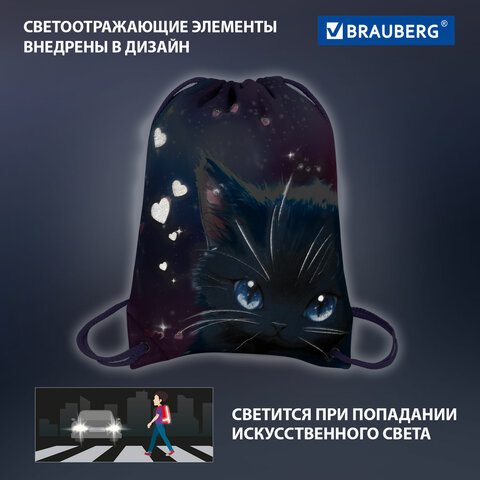 Мешок для обуви BRAUBERG PREMIUM, карман, подкладка, светоотражайка, 43х33 см, Anime cat, 272421