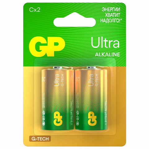 Батарейки КОМПЛЕКТ 2 шт., GP Ultra G-Tech, С (LR14, 14А), алкалиновые, блистер, 14AU-2CR2