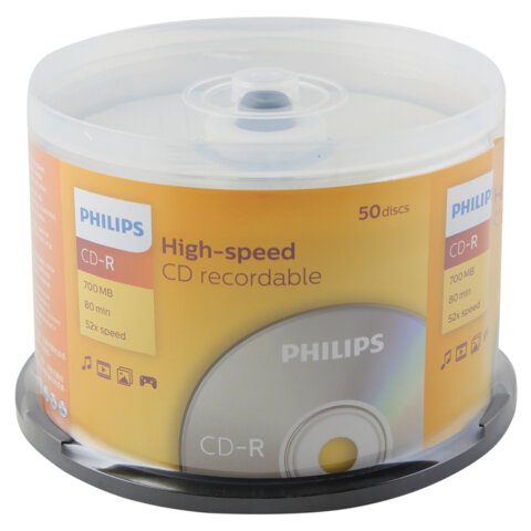 Диски CD-R PHILIPS, 700 Мб, 52x, Cake Box (упаковка на шпиле), КОМПЛЕКТ 50 шт., CR7D5SB50/97