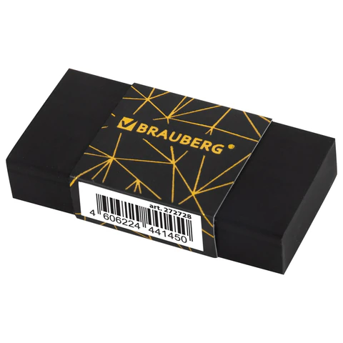 Ластик BRAUBERG "GOLDEN BLACK", 50х24х10 мм, прямоугольный, картонный держатель, экологичный ПВХ, ассорти, 272728