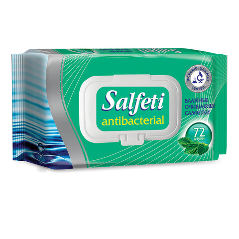 Салфетки влажные 72 шт., SALFETI "Antibacterial", антибактериальные, крышка клапан, 48397