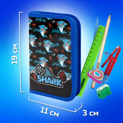 Пенал ПИФАГОР, 1 отделение, ламинированный картон, 19х11 см, "Angry shark", 272243