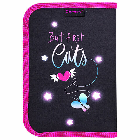 Пенал BRAUBERG с наполнением, 1 отделение, 1 откидная планка, 24 предмета, 21х14 см, "Cats first", 271525