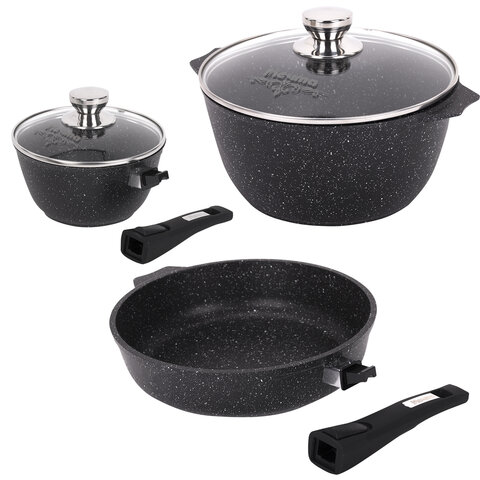 Набор посуды (сковорода 26 см, кастрюля 5 л, ковш 1,7 л, 2 съемных ручки, 2 крышки), МЕЧТА "Гранит Black", 001802