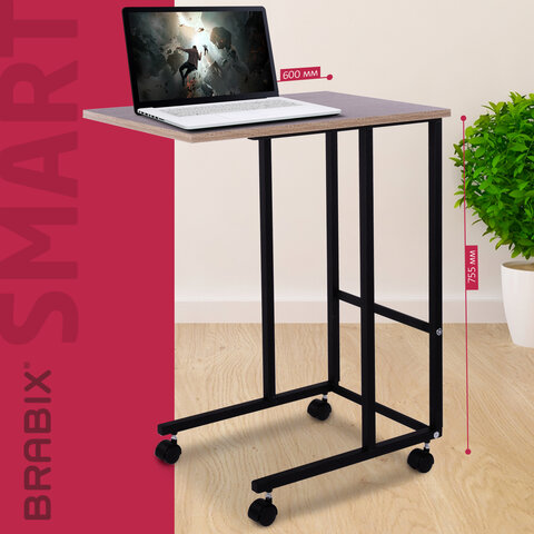 Стол BRABIX "Smart CD-014", 380х600х755 мм, ЛОФТ, на колесах, металл/ЛДСП дуб, каркас черный, 641884