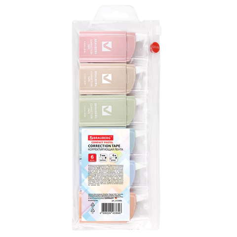 Корректирующая лента BRAUBERG COMPACT PASTEL, 5 мм х 6 м, КОМПЛЕКТ 6 штук, пенал с zip-lock, 272496