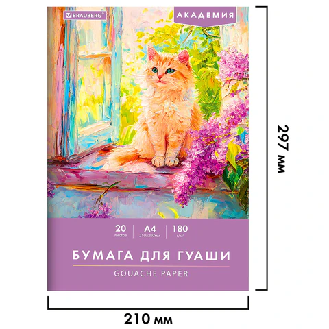 Бумага для гуаши А4 20 л., 180 г/м2, 210х297 мм, в папке, BRAUBERG АКАДЕМИЯ, "Котик", 117737