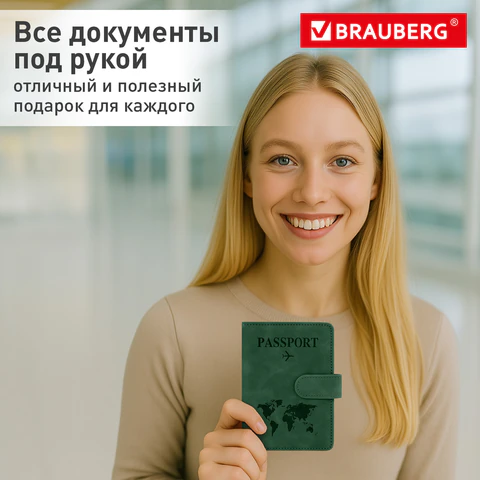 Обложка для паспорта и документов с защитой от считывания, 9 карманов, магнит, экокожа, зеленая, BRAUBERG, 238758