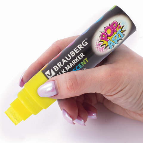 Маркер меловой "POP-ART" ЖЕЛТЫЙ, 15 мм, стираемый, для гладких поверхностей, BRAUBERG, 151538