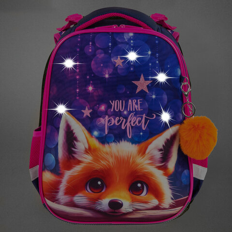 Ранец BRAUBERG PREMIUM, 2 отделения, с брелоком, "Cute fox", LED-ЛАМПОЧКИ, 38х29х16 см, 272019