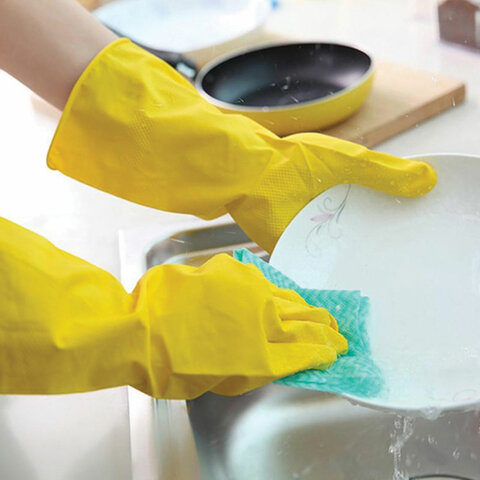 Перчатки МНОГОРАЗОВЫЕ латексные LAIMA "СТАНДАРТ", хлопчатобумажное напыление, ПЛОТНЫЕ, размер 7-8, М (средний), желтые, вес 40 г, 600353