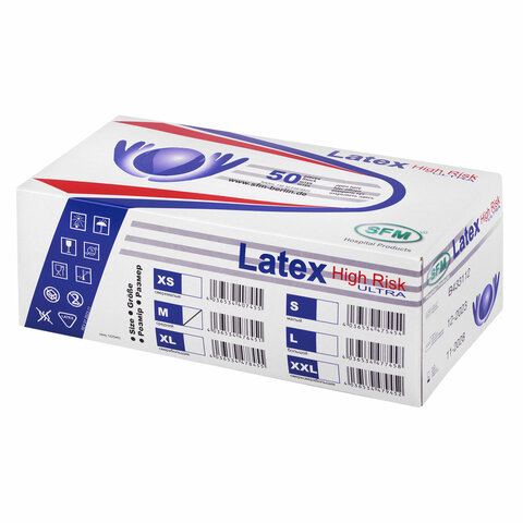 Перчатки латексные смотровые сверхпрочные SFM HIGH RISK ULTRA, Германия, 25 пар (50 штук), размер 7-8, M (средний)