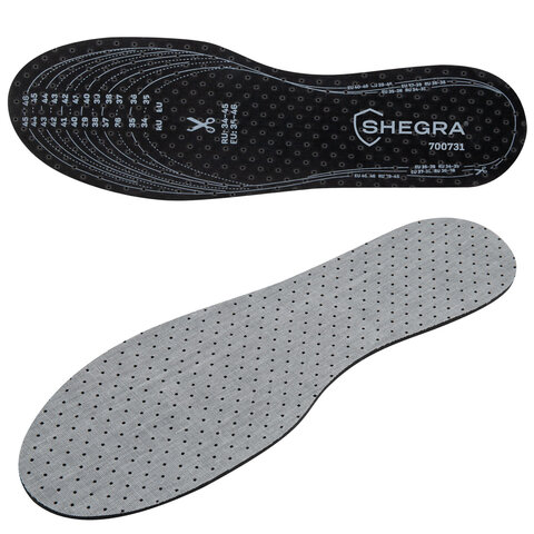 Стельки для обуви с АКТИВИРОВАННЫМ УГЛЕМ, УНИВЕРСАЛЬНЫЙ размер RU 34-45 / EU 35-46, с линиями выреза, SHEGRA (ШЕГРА), 700731