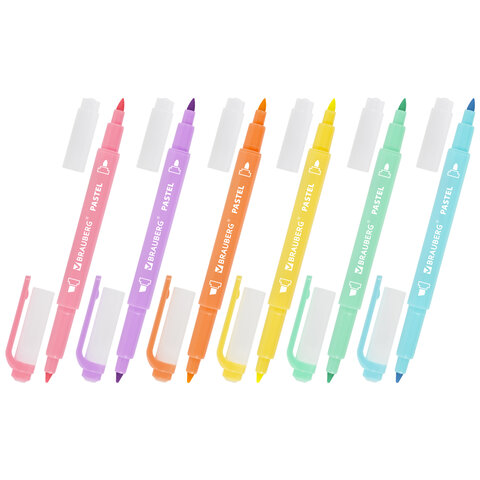 Набор текстовыделителей двусторонних 6 ПАСТЕЛЬНЫХ ЦВЕТОВ, BRAUBERG "TWIN PASTEL", линия 1-5 мм, 152518