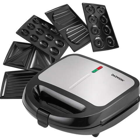 Мультипекарь 6 в 1, вафельница/гриль/орешница/сэндвич/пончики/печенье, 6 съемных панелей, 750 Вт, DASWERK (ДАСВЕРК), MB-2, 456332