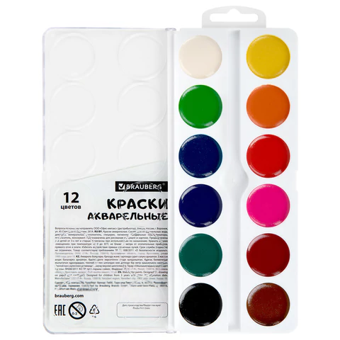 Краски акварельные BRAUBERG 12 цветов "Кот-Энтузиаст", медовые, круглые кюветы, 192553