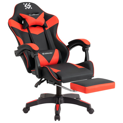 Кресло компьютерное DEFENDER "Tornado", 2 подушки, подставка для ног, экокожа, черное/красное, ш/к 26722, 64057