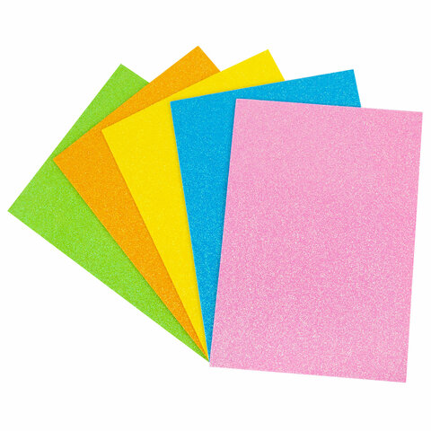 Пористая резина/фоамиран А4, 2 мм, НАБОР, 5 листов, 5 цветов, пастельные цвета, блестки, ОСТРОВ СОКРОВИЩ, 660077