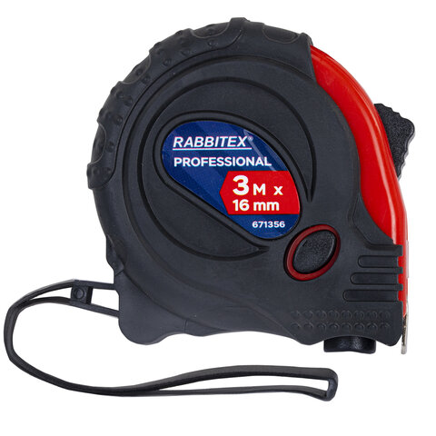 Рулетка измерительная 3 м х 16 мм, обрезиненный корпус, 3 фиксатора, RABBITEX (РАББИТЕКС) Professional, 671356